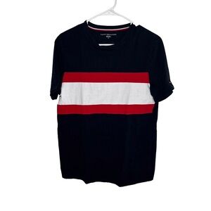 TOMMY HILFIGER Men's Striped Graphic Logo Jersey Cotton Black Streetwear Tee M